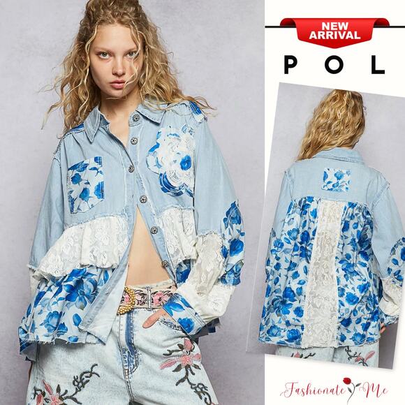POL Floral Patchwork Lace Trim Details Oversized Casual Light Blue Denim Shirt - Picture 1 of 7